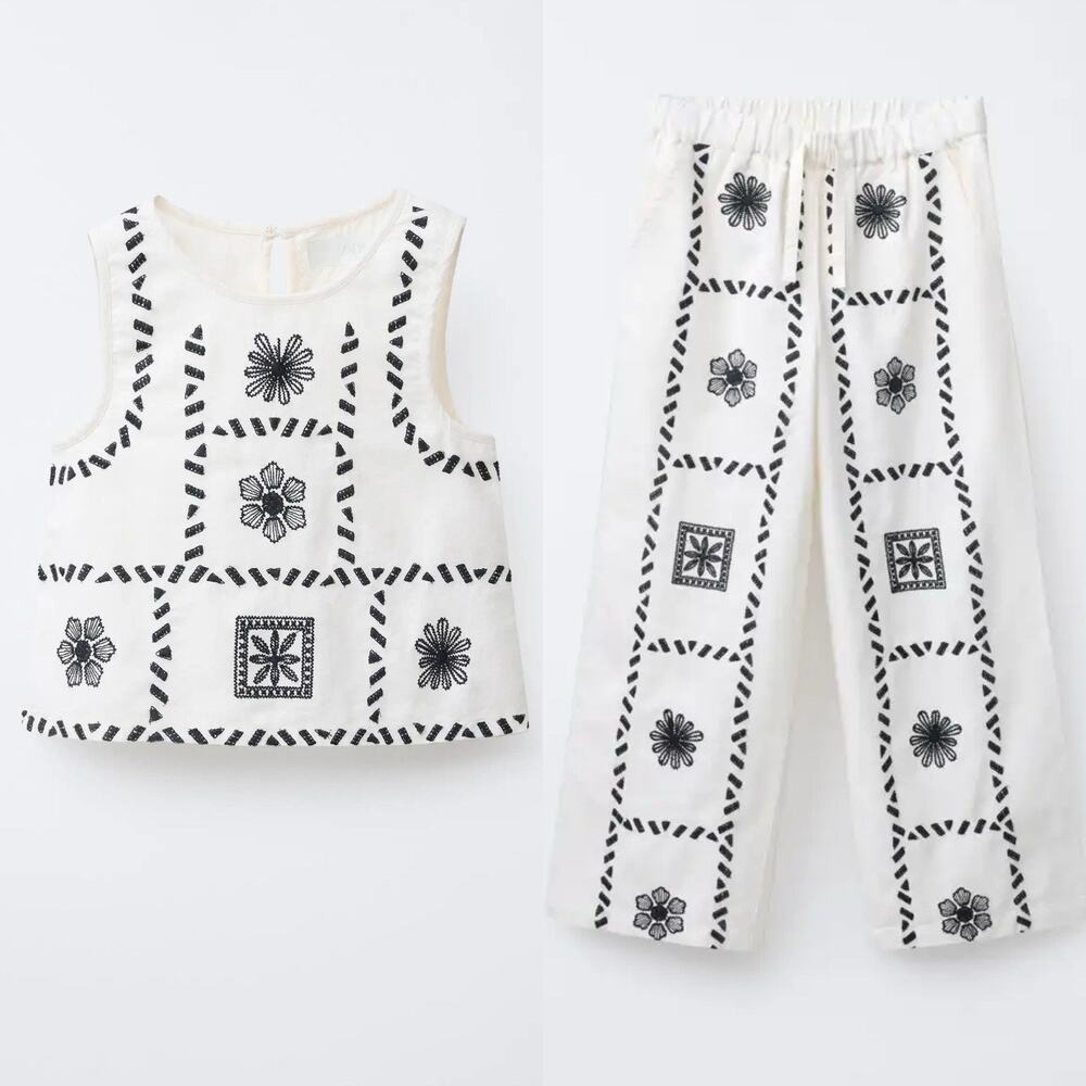 Zara Girls Embroidered Linen Blend Top & Wide Leg Pants Set 8-9 Cream Black